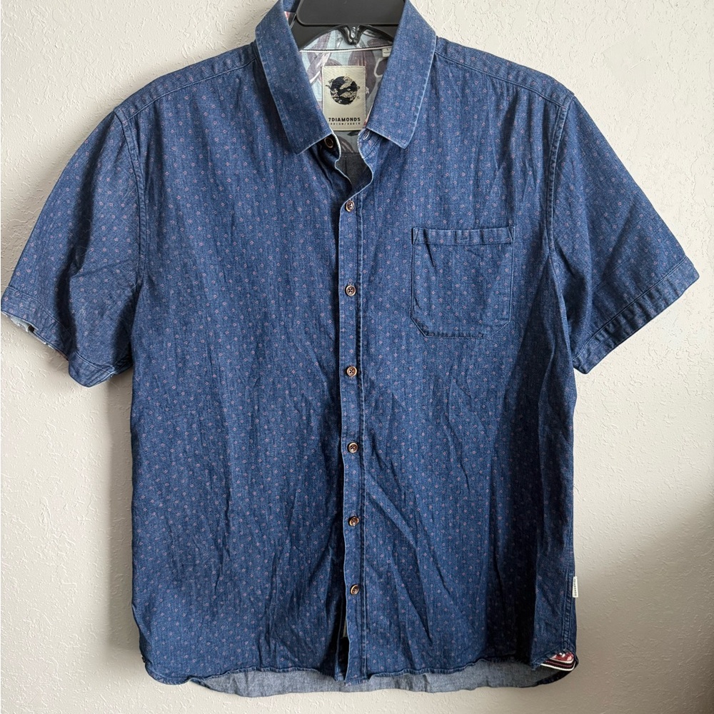 Men’s L Blue Arrow Print 7Diamond Indig Denim Casual Basic button Up Shirt